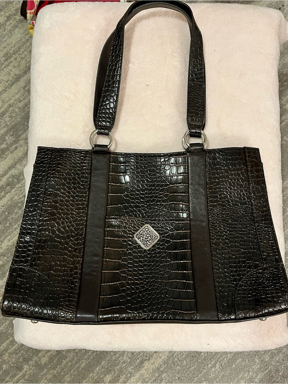 Coldwater Creek Black Faux Croc-Embossed Shoulder Bag with Silver Accent 17x17